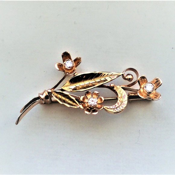 Vintage Russian 14K 583 Rose Pink Yellow Gold Bouquet Flowers CZ Brooch Pin - Picture 4 of 4